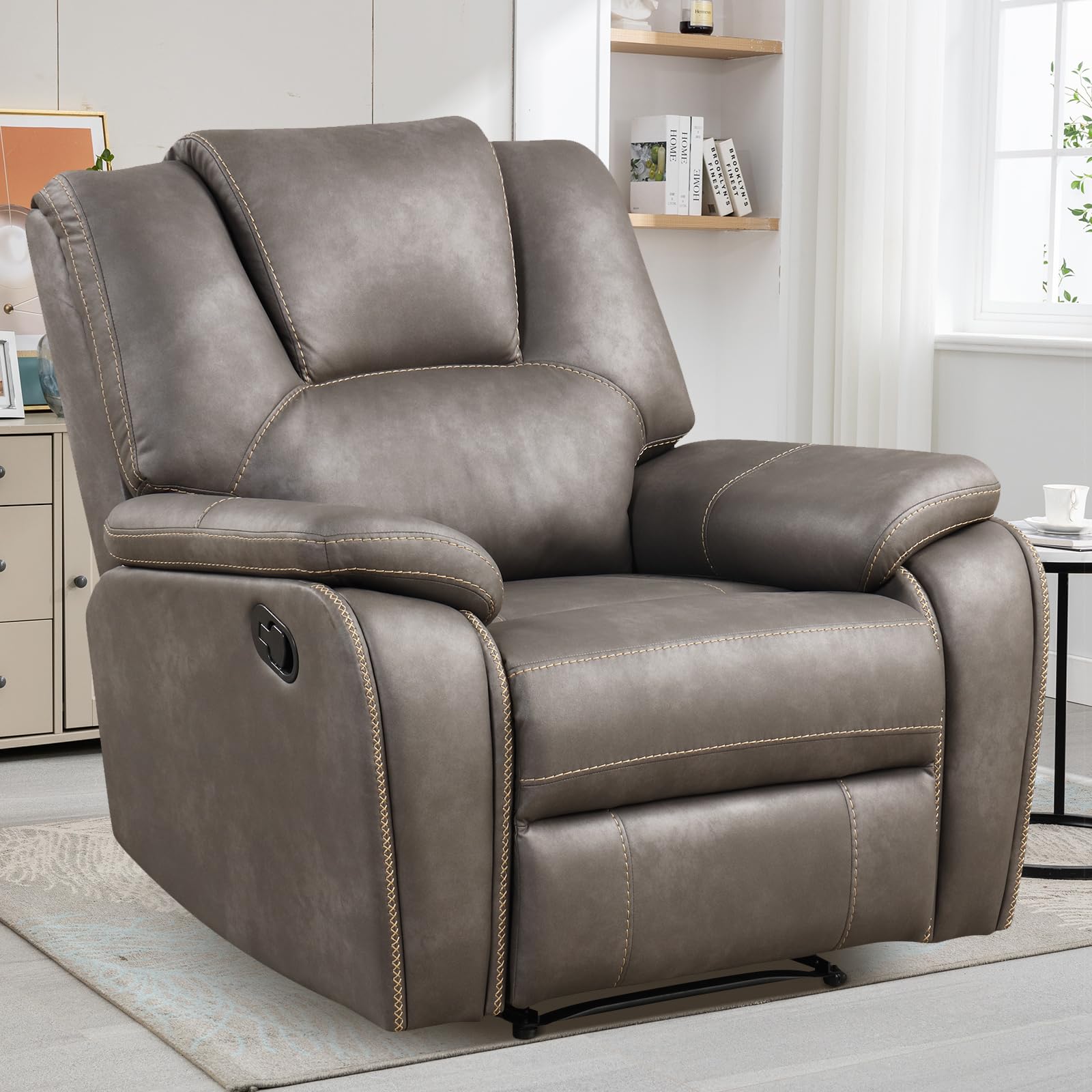 Oakcraft Manual Recliner Chair with Padded Headrest and Armrest, Overstuffed Reclining Chairs Comfy Faux Leather Recliners Single Sofa for Living Room