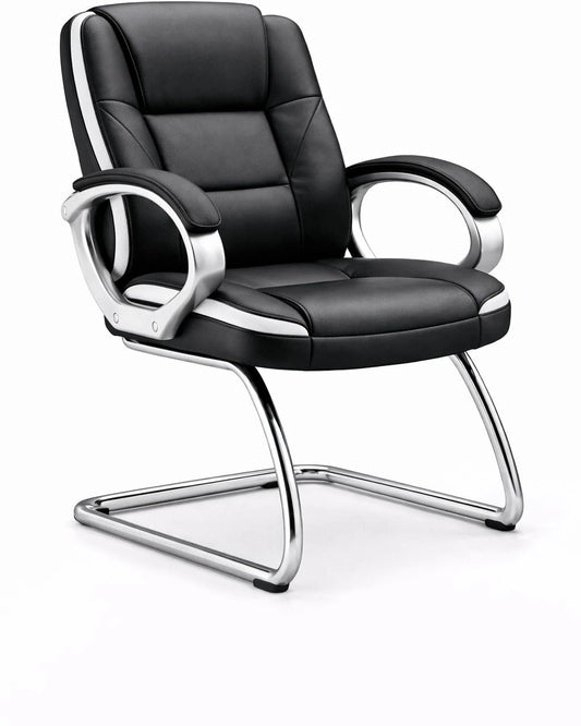 OAKCRAFT Medium Back Leatherette Visitor Chair with Armrests & Metal Base (White & Black)