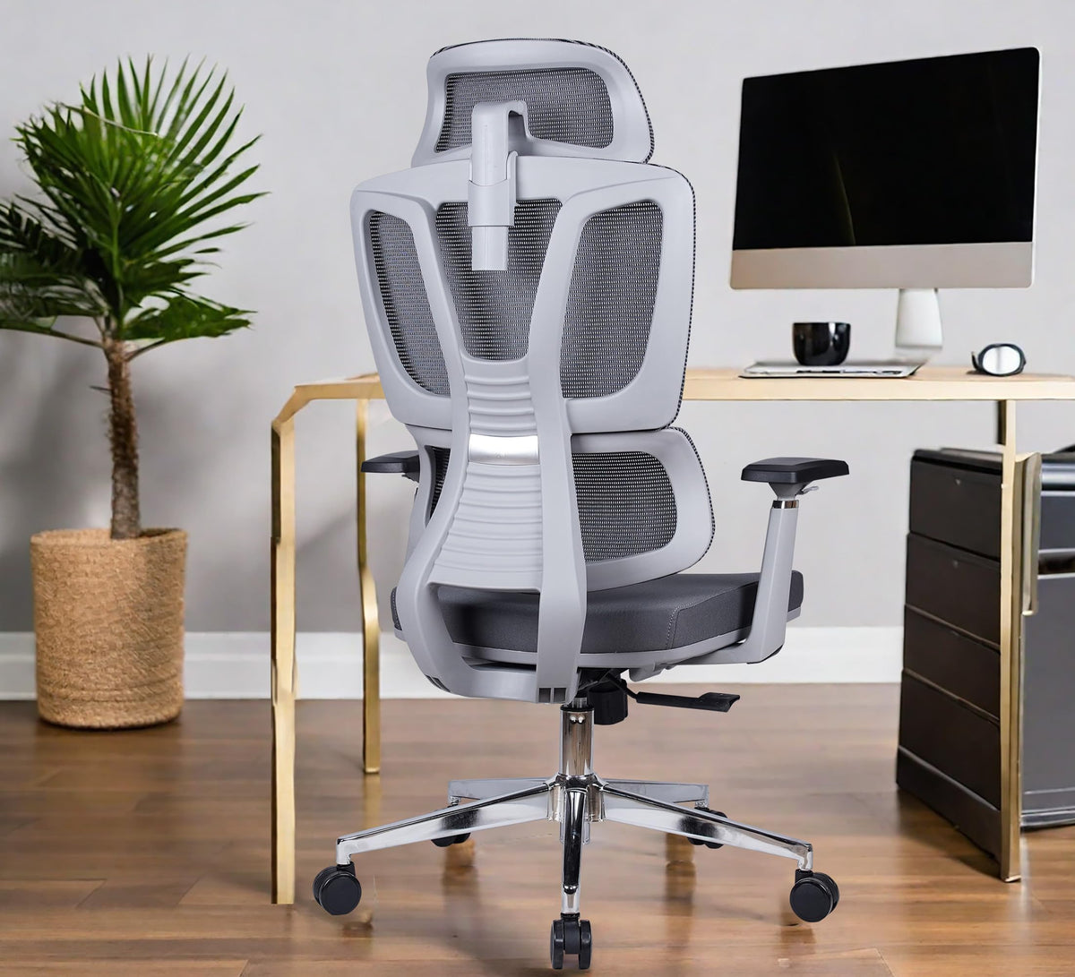 Oakcraft ergonomic mesh high back office chair with headrest in a bright workspace