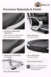 Premium materials panel showing leatherette upholstery, silver armrests and metal base