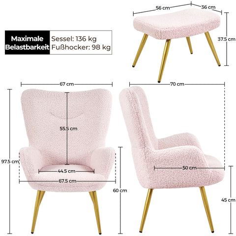 Oakcraft Wingback Chair, Polyester Cover, TV Chair, Armrest Chair, Upholstered Folding Chair, Cocktail Chair, Teddy Plush, Stylish Design,