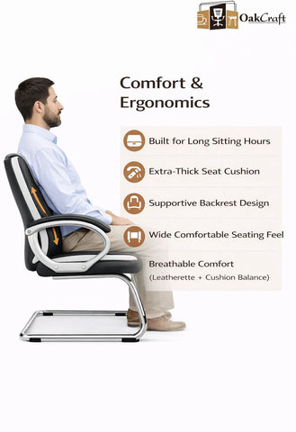 OAKCRAFT Medium Back Leatherette Visitor Chair with Armrests & Metal Base (White & Black)