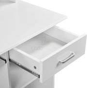Close-up of the smooth sliding drawer with metal runners on the white Oakcraft desk