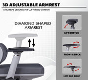 Diamond shaped 3D adjustable armrest with lift, front to back and side movement
