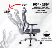 Oakcraft ergonomic chair rocking through 90 to 135 degrees with a multi lock mechanism