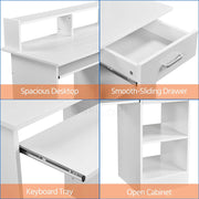 Feature panel showing spacious desktop, sliding drawer, keyboard tray and open cabinet