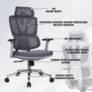Labelled Oakcraft mesh chair showing headrest, bionic spine support, armrests and chrome base