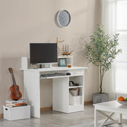 White Oakcraft computer desk with monitor and keyboard tray in a bright living room