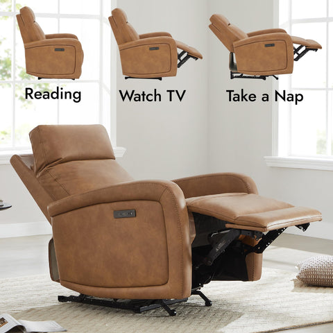 Oakcraft Recliner Chair, Zero Wall Reclining Sofa Chair W Power Type-C Charger, Small Faux Leather RV Recliners Home Theater Seating for Living Room, Chocolate