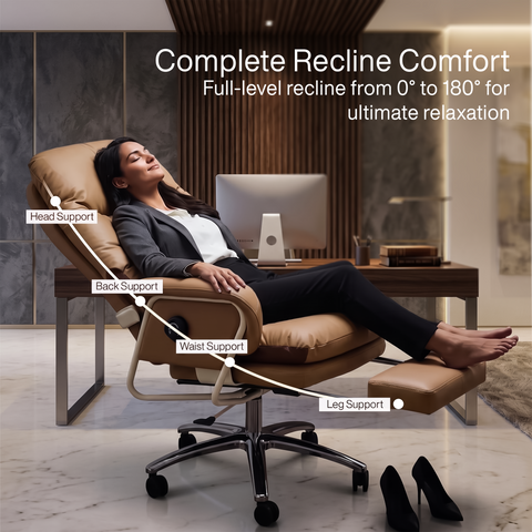 Oakluxe Axora Brown Luxury Executive Office Chair with Adjustable Footrest, High Back Ergonomic Design, Multi Lock Recline, Premium Upholstery, Executive Computer Chair for Home & Office