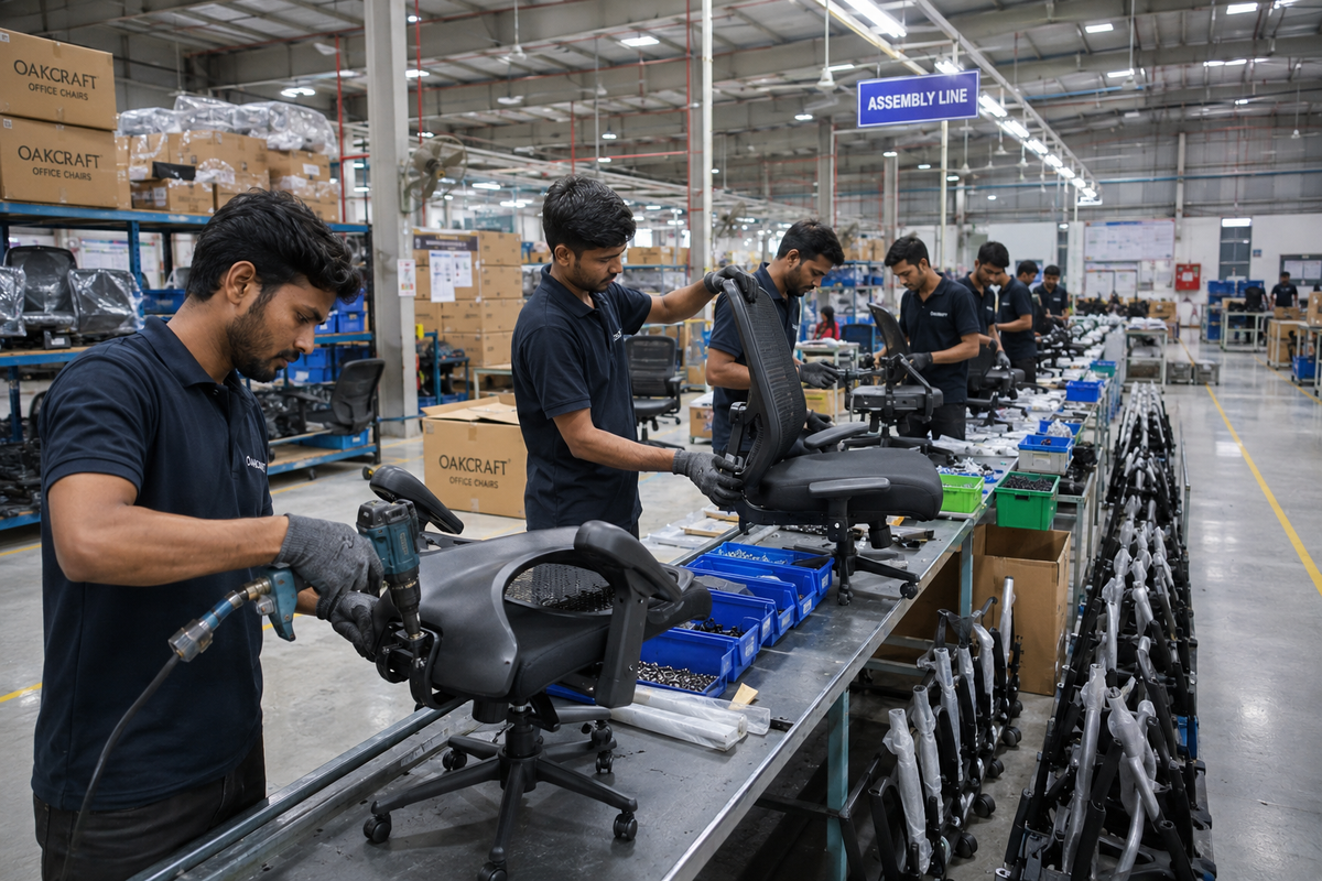 Office chair upholstery station at the Oakcraft factory in Bawana, Delhi
