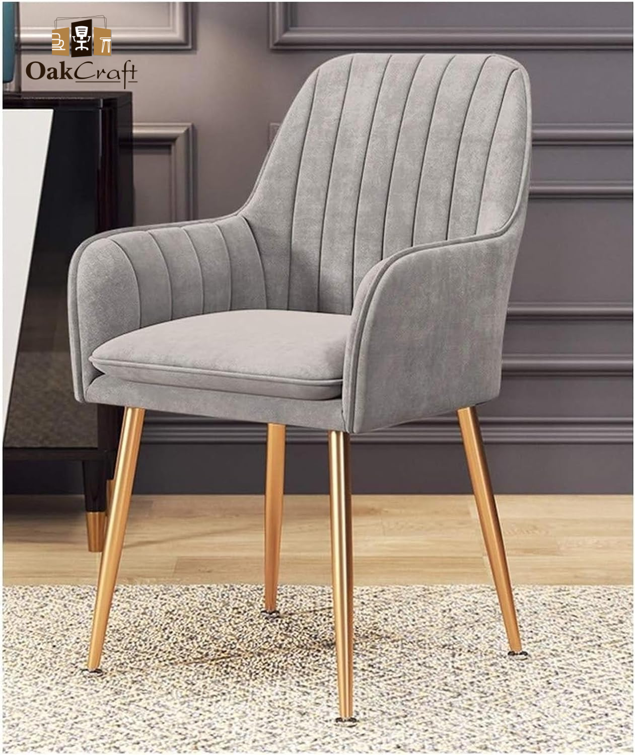 OAKCRAFT Flower Dining Chair Accent Chair for Living Room Bedroom Restaurant Velvet Fabric Cushion Seat with gold Metal Legs METALLIC GREY