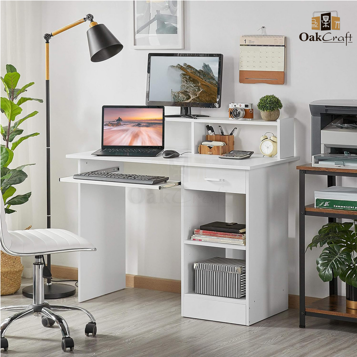 White Oakcraft study desk with drawer and shelving styled with a chair and plants