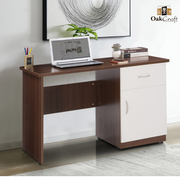 Walnut and white Oakcraft home office desk with laptop and framed wall decor