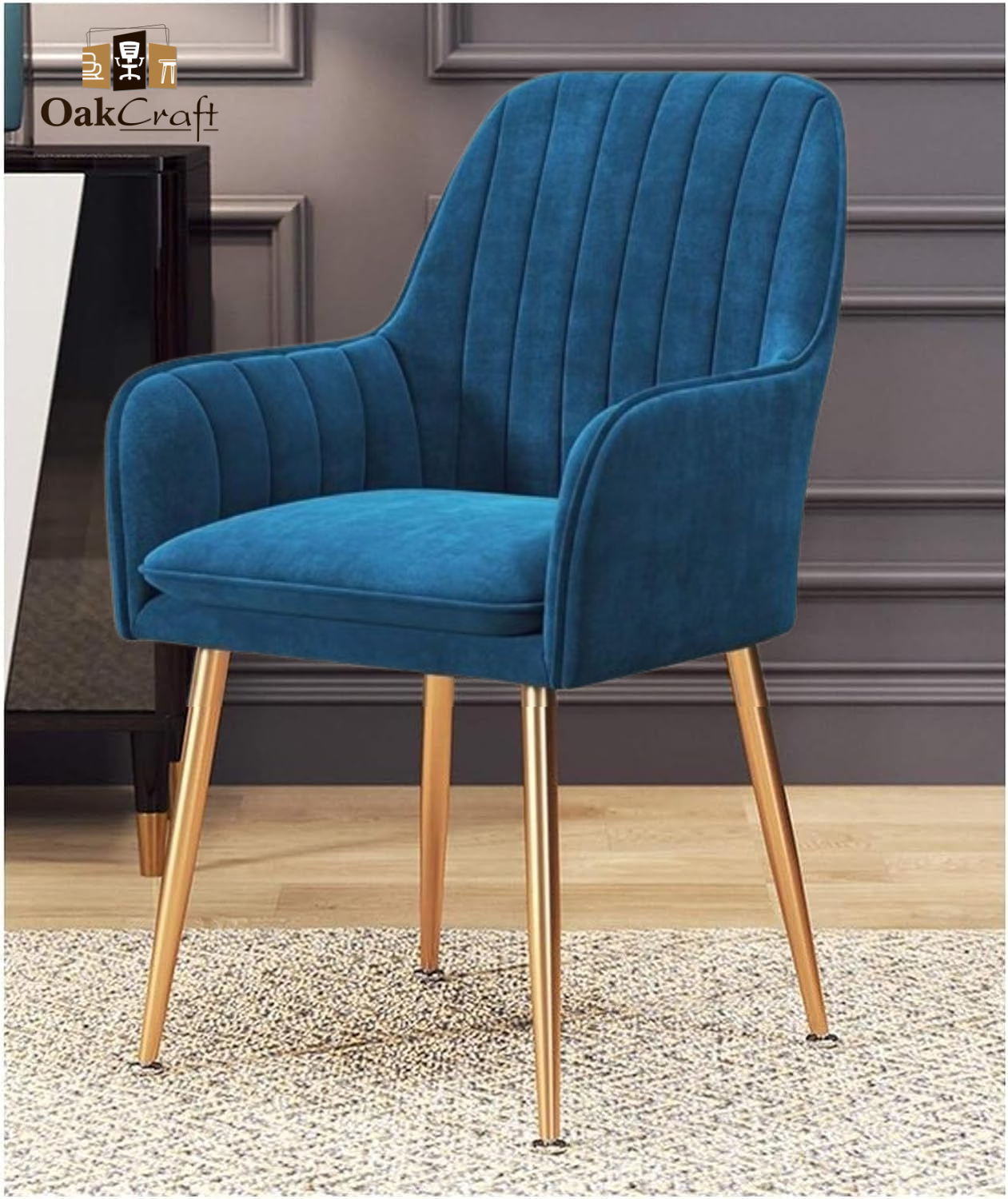 OAKCRAFT Flower Dining Chair Accent Chair for Living Room Bedroom Restaurant Velvet Fabric Cushion Seat with gold Metal Legs YALE BLUE