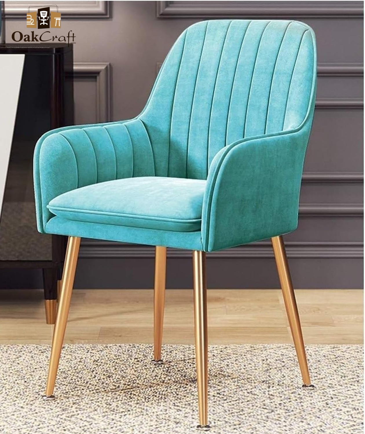 OAKCRAFT Flower Dining Chair Accent Chair for Living Room Bedroom Restaurant Velvet Fabric Cushion Seat with gold Metal Legs CYAN