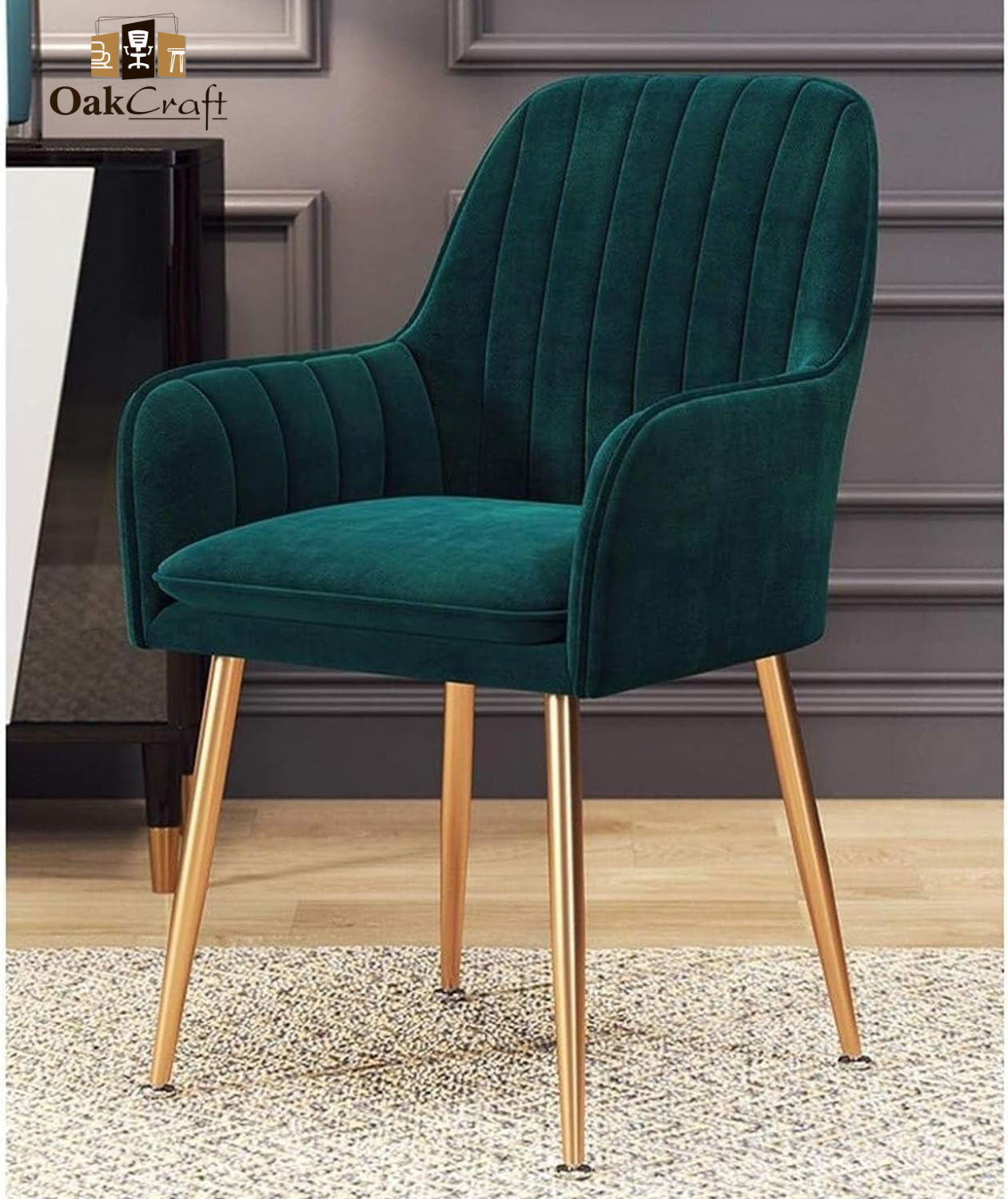 OAKCRAFT Flower Dining Chair Accent Chair for Living Room Bedroom Restaurant Velvet Fabric Cushion Seat with gold Metal Legs FOREST GREEN