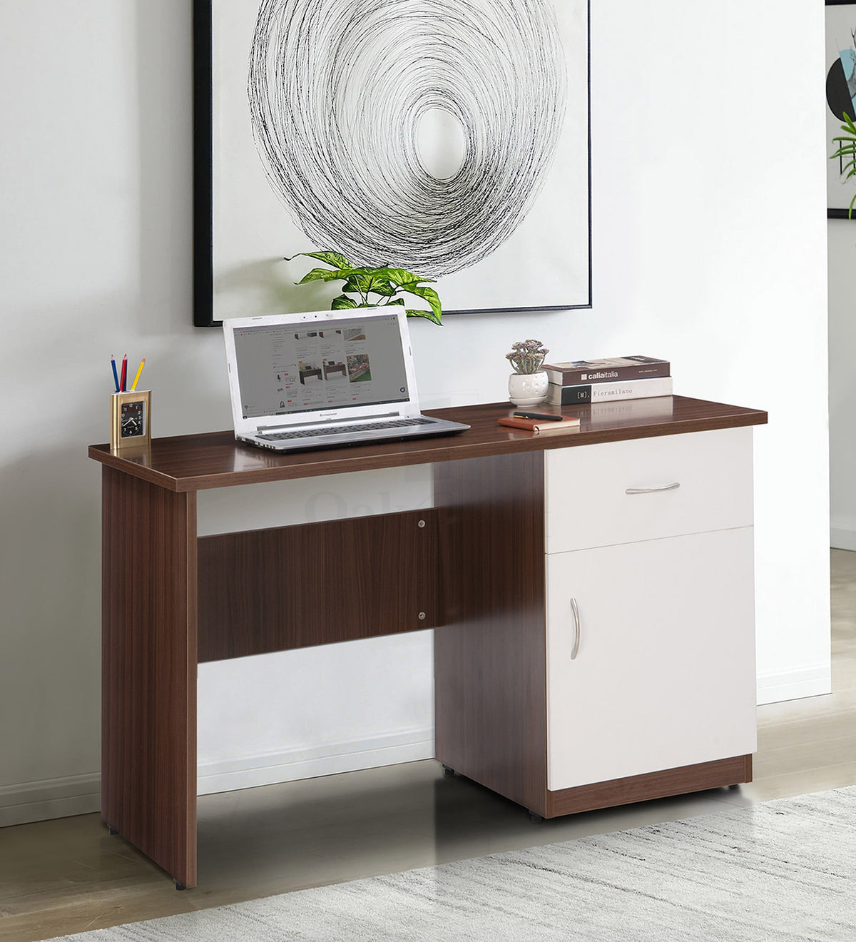 Walnut and white Oakcraft study desk with laptop styled below framed wall art