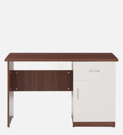 Walnut Oakcraft office desk with a white drawer and side cabinet on white background