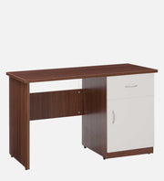 Side angled view of the walnut Oakcraft writing desk with white storage cabinet