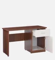 Walnut Oakcraft desk with the side cabinet door open showing the inner shelf