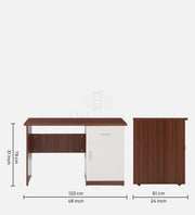 Dimension drawing of the Oakcraft walnut writing desk in centimetres and inches