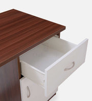 Close-up of the white drawer pulled open on the walnut Oakcraft office desk